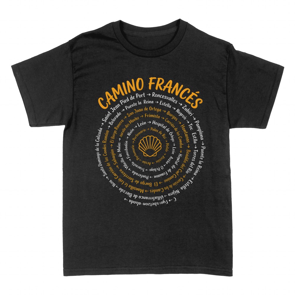 T-shirts: Camino Franc&eacute;s scallop shell and stages