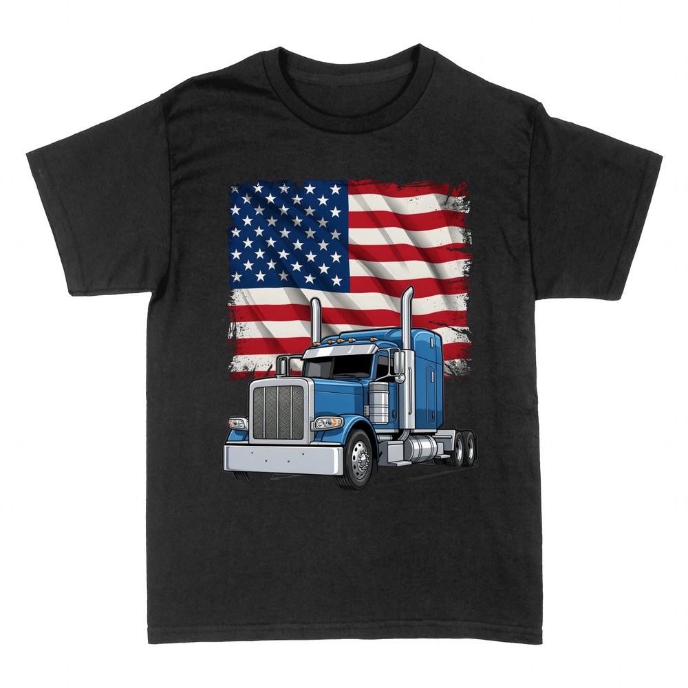 T-shirts: Blue American semi-truck with USA flag