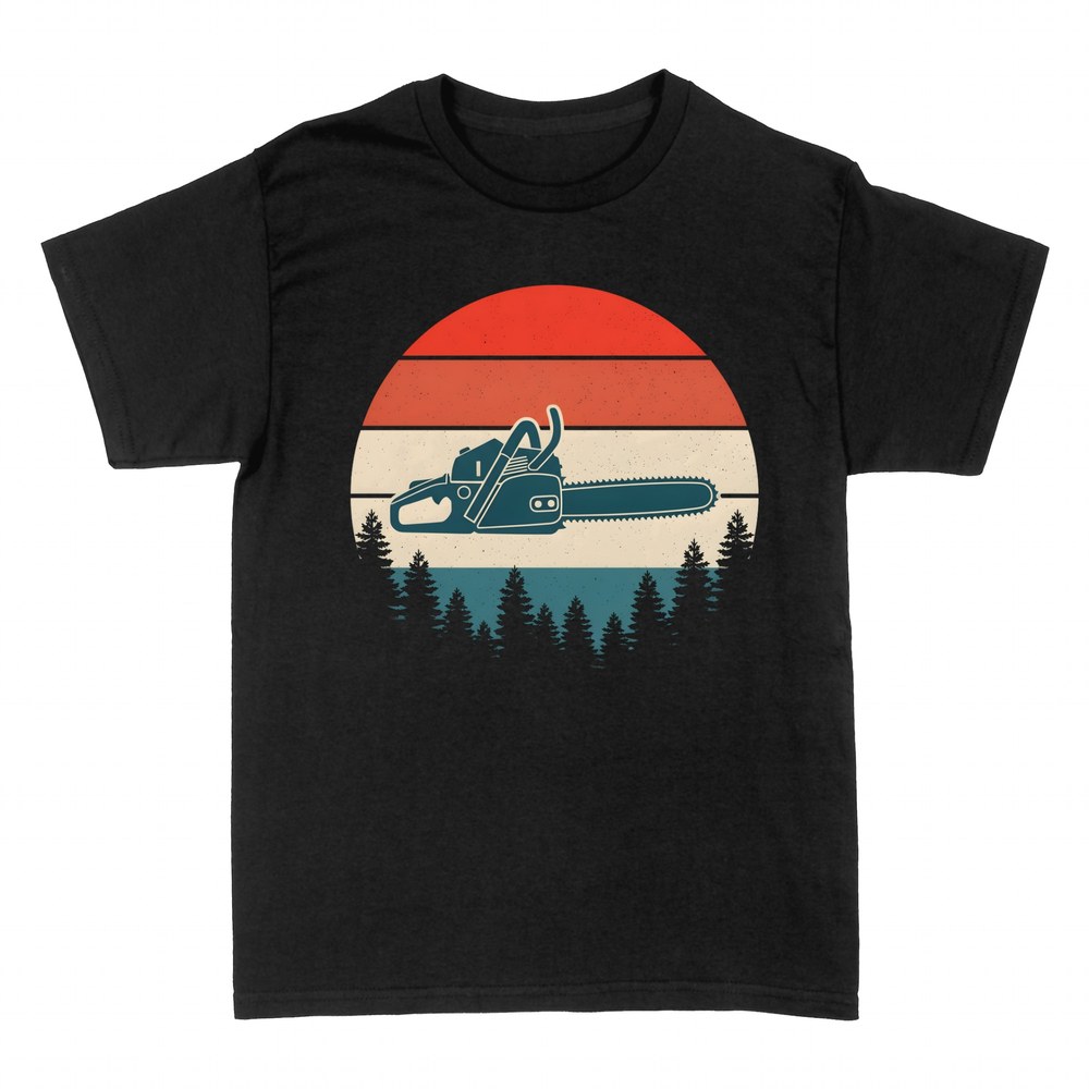 T-shirts: Retro chainsaw over pine forest sunset