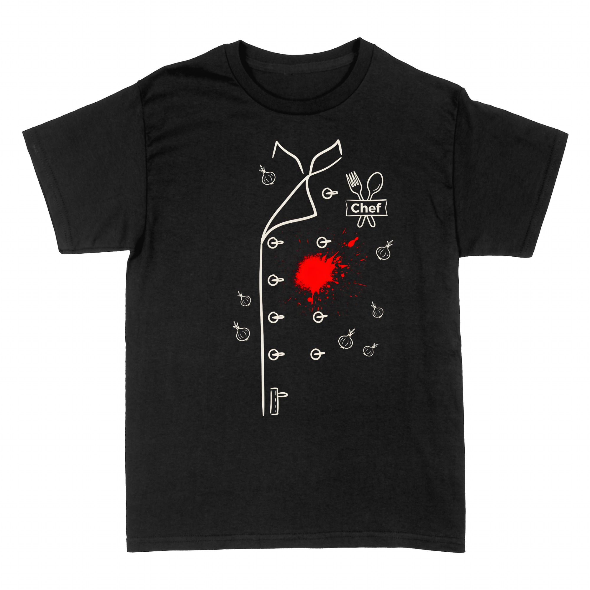 T-shirts: Chef jacket with cutlery badge and sauce splash