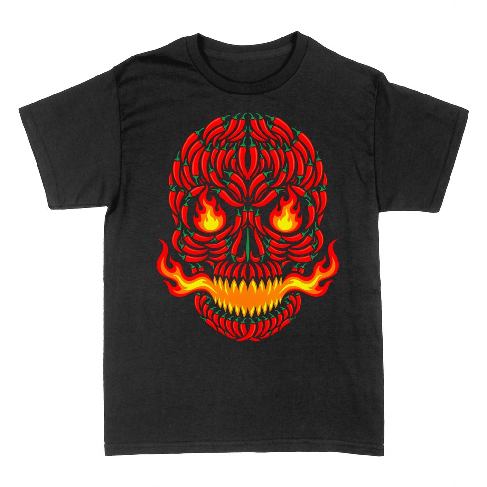 T-shirts: Flaming chili pepper skull
