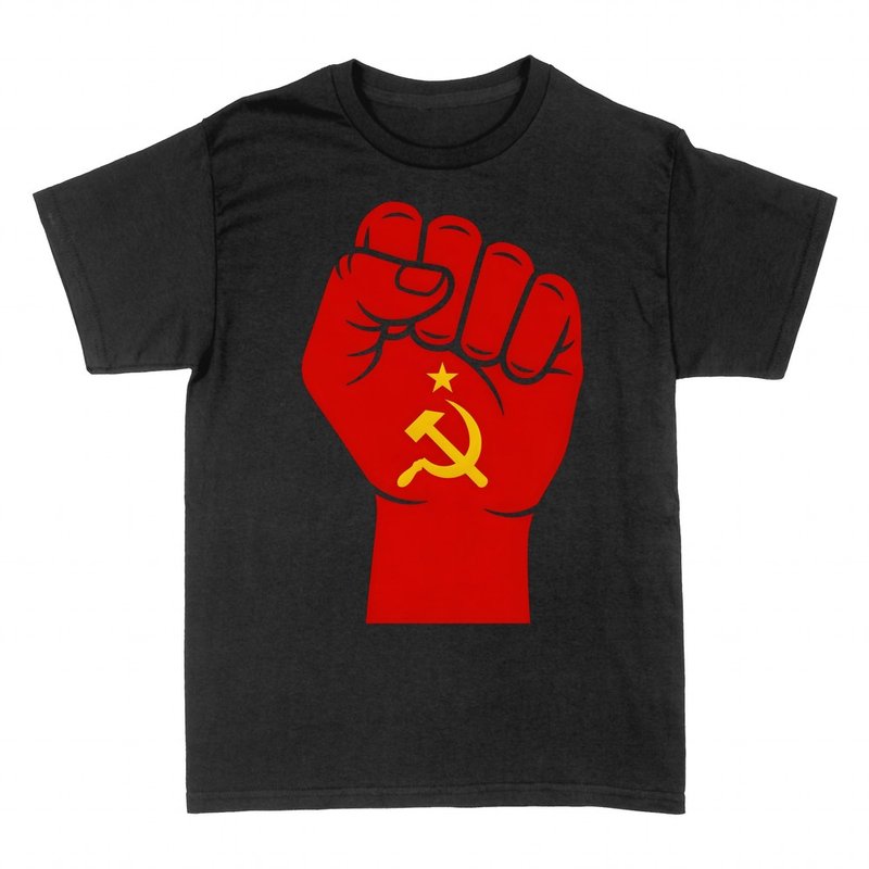 T-shirts: Raised red fist with hammer and sickle
