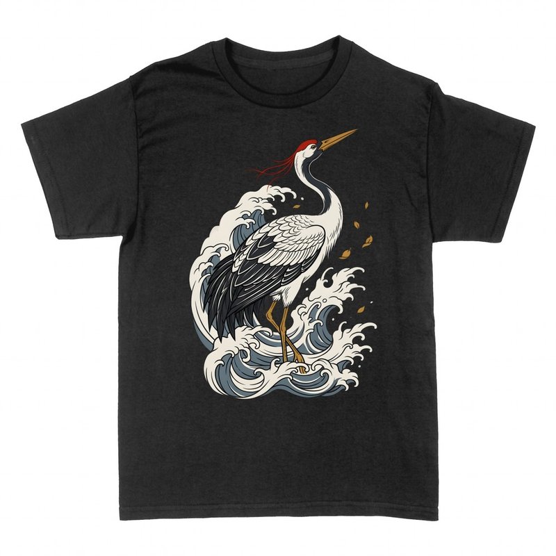 T-shirts: Japanese crane among irezumi waves