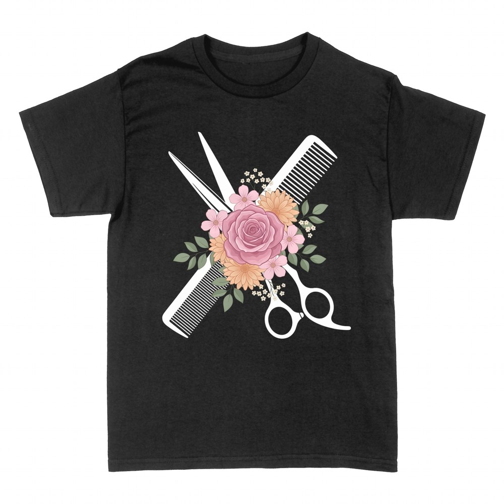 T-shirts: Hairdresser scissors and comb floral