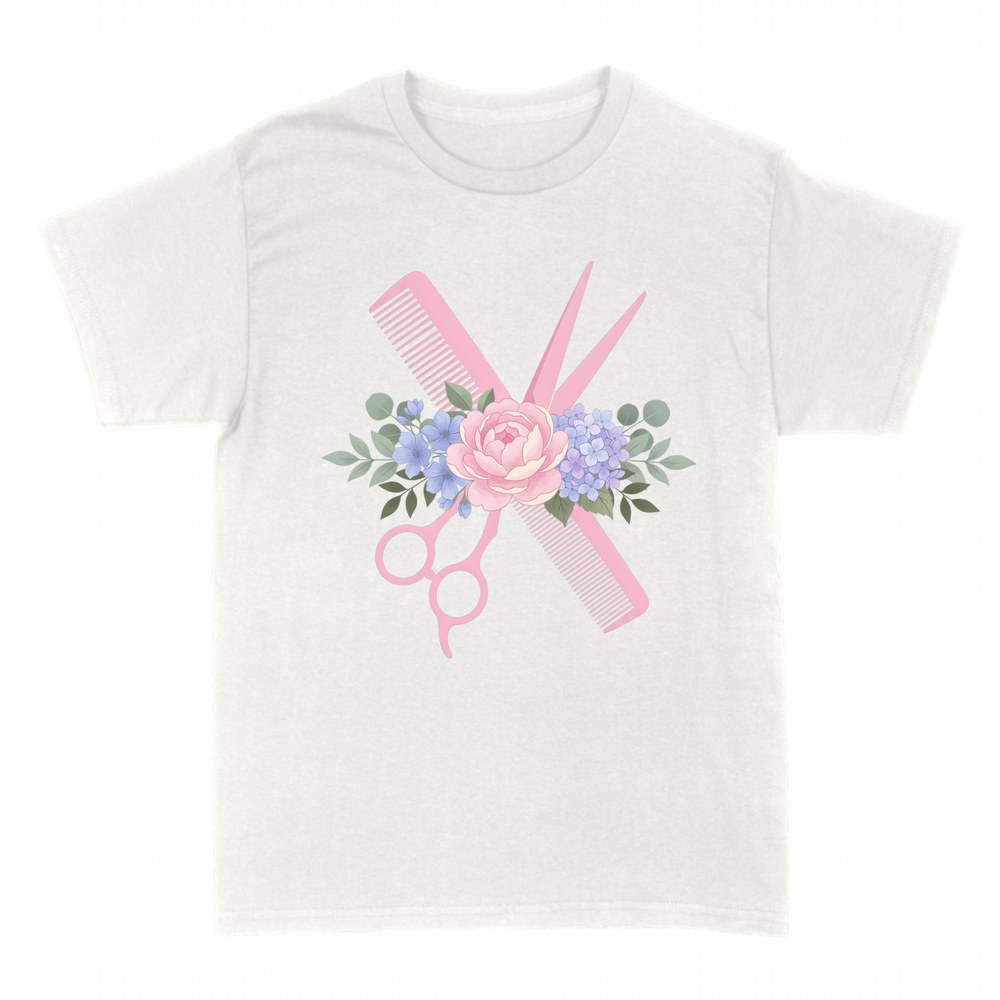 T-shirts: Hairdresser scissors, comb and flowers