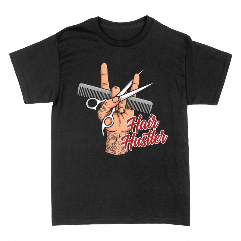 T-shirts: Hair Hustler tattooed hand scissors comb