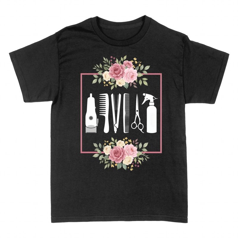 T-shirts: Hairdresser tools with flowers