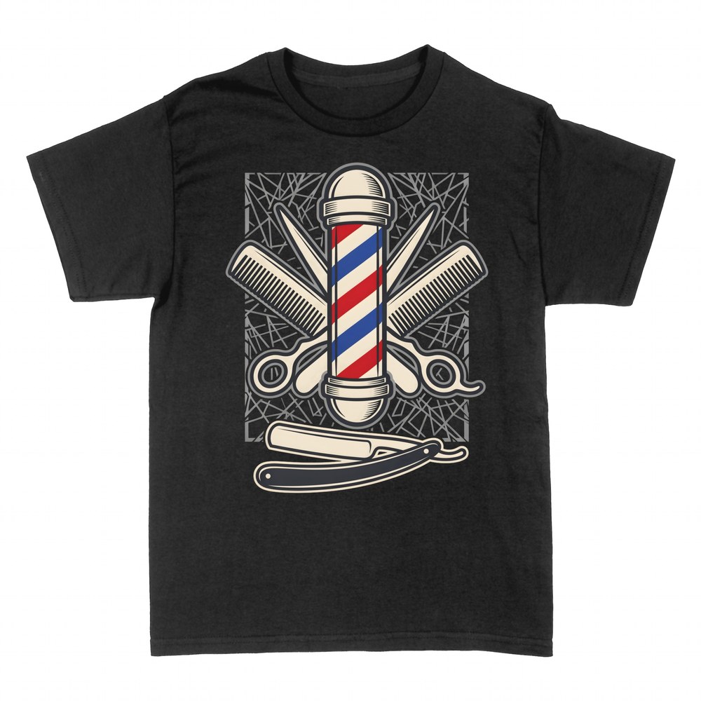 T-shirts: Barber pole with scissors and razor