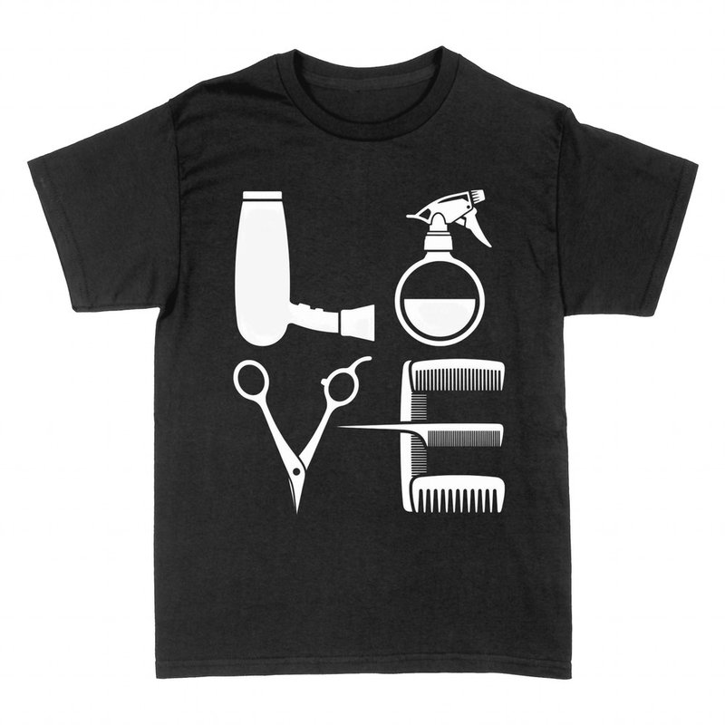 T-shirts: Hairdresser love with dryer and scissors