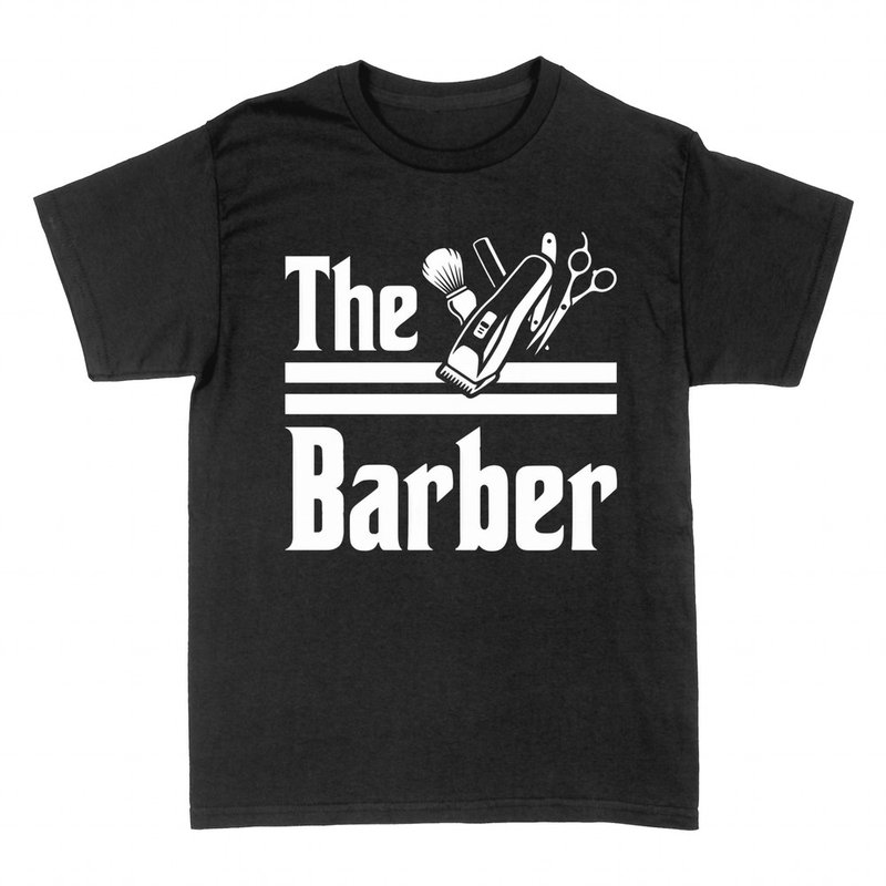 T-shirts: The Barber with clippers, scissors and brush