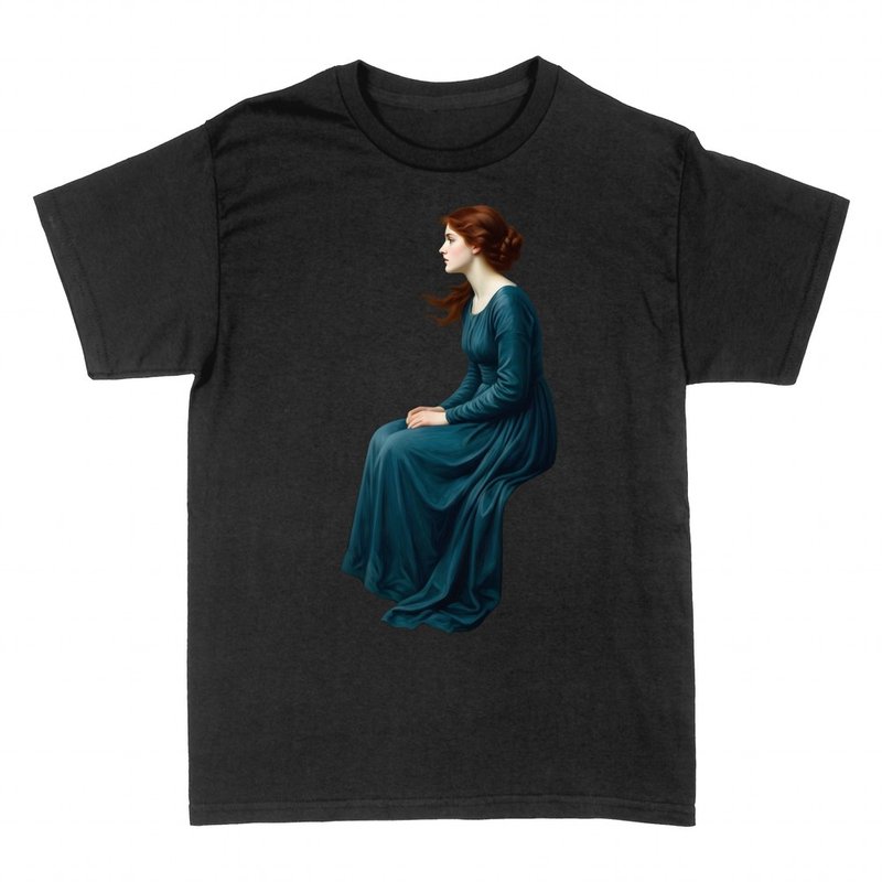 T-shirts: Seated Pre-Raphaelite woman in profile with blue