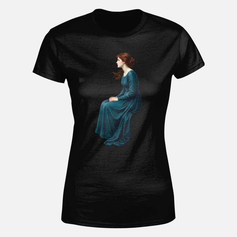 T-shirts: Seated Pre-Raphaelite woman in profile with blue