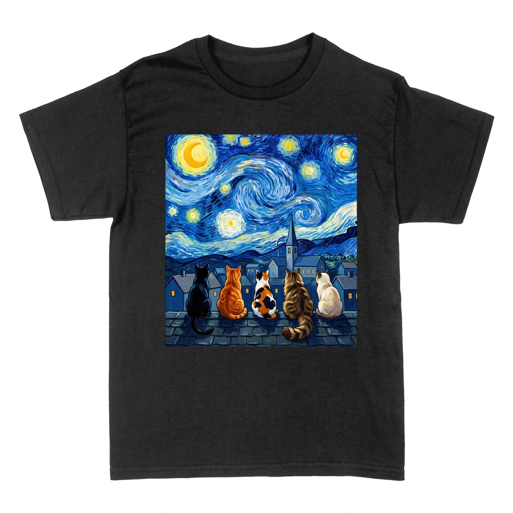 T-shirts: Cats from behind under Van Gogh starry night