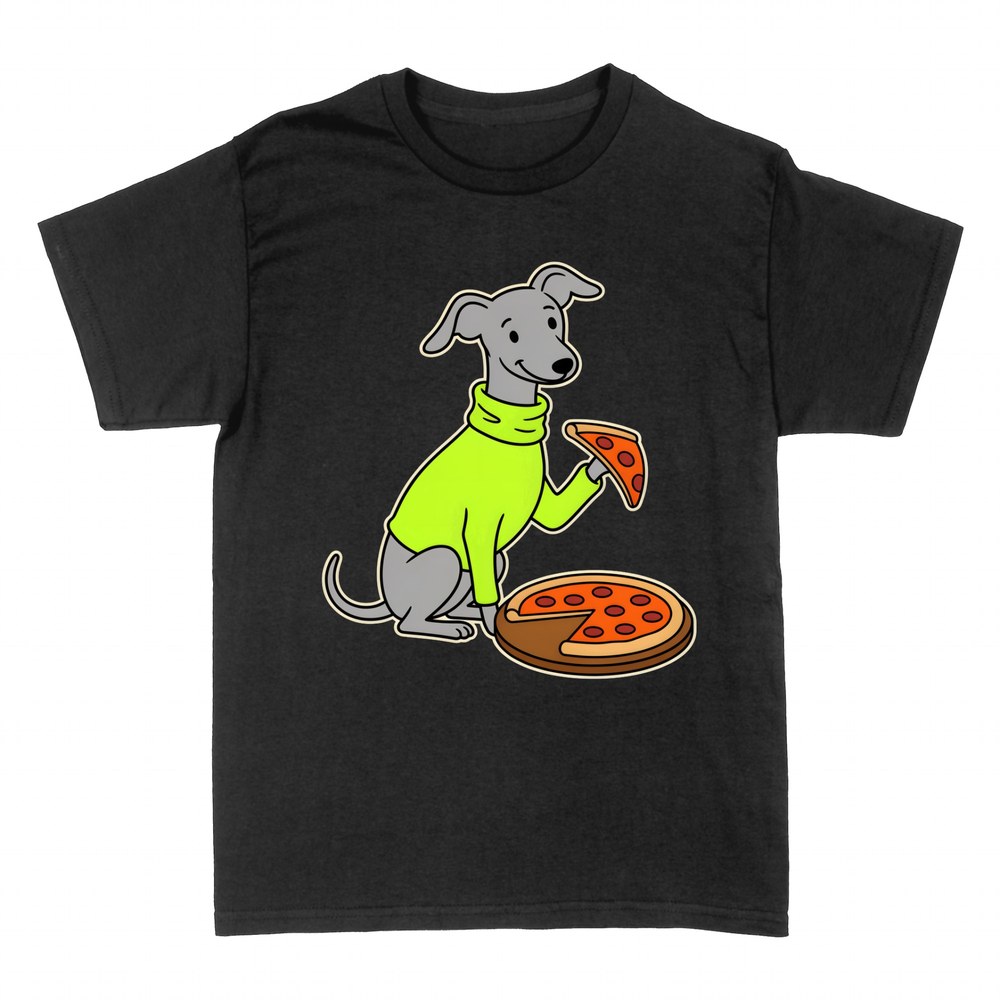 T-shirts: Greyhound in sweater eating pizza