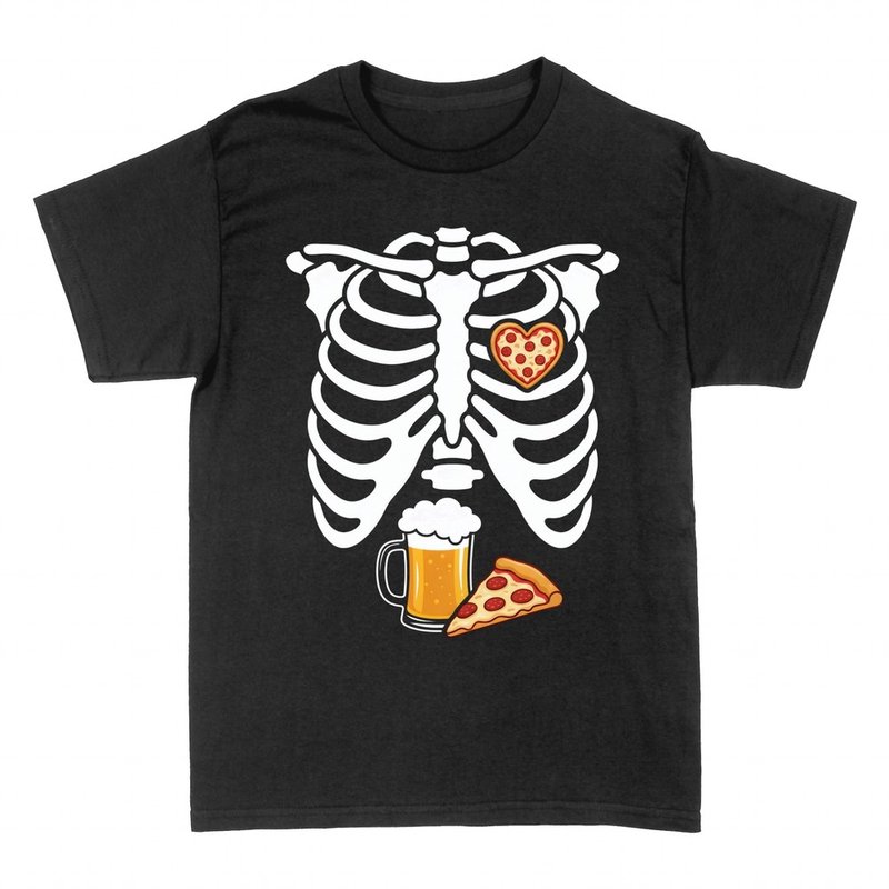 T-shirts: X-ray skeleton with heart pizza and beer