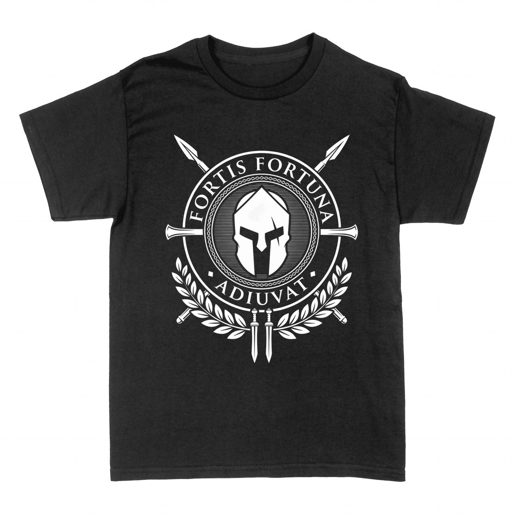 T-shirts: Spartan helmet and Fortis Fortuna Adiuvat motto