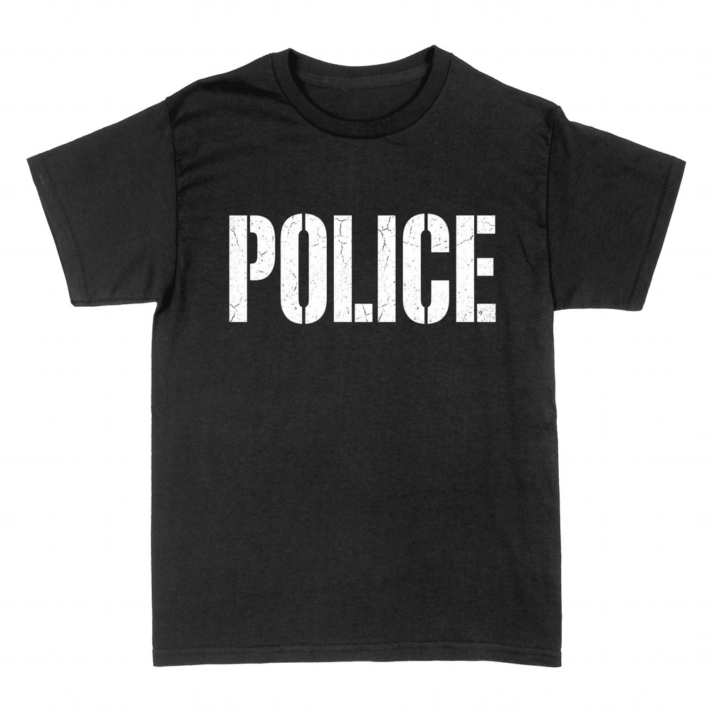 T-shirts: POLICE distressed stencil lettering