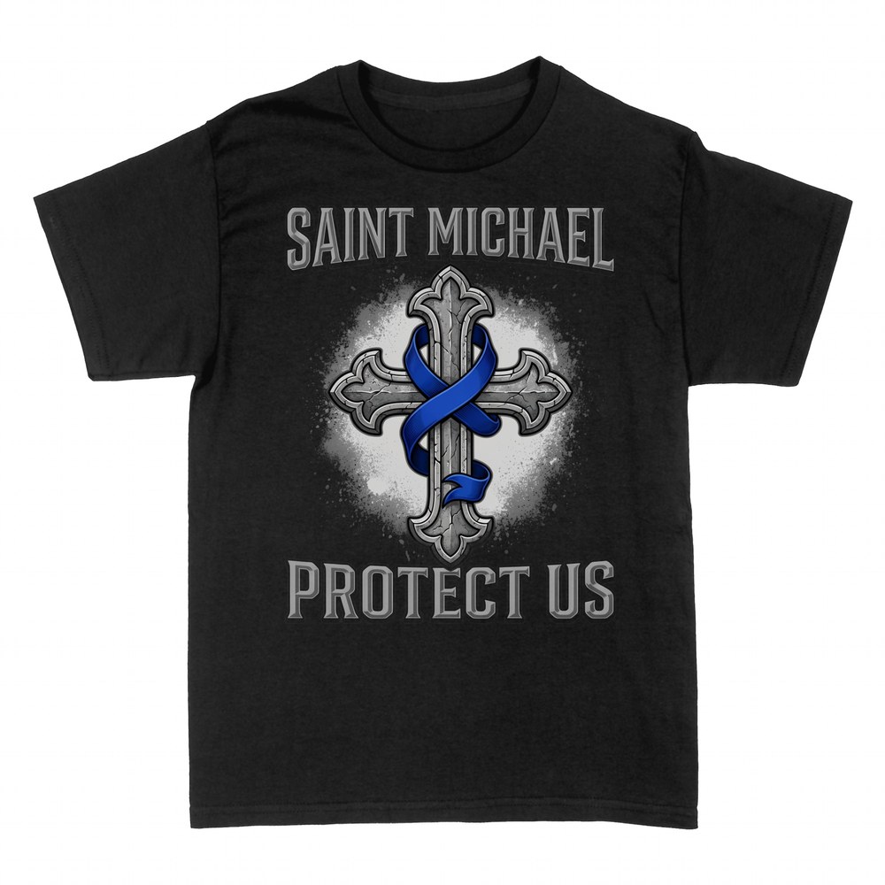 T-shirts: Saint Michael Protect Us blue line cross