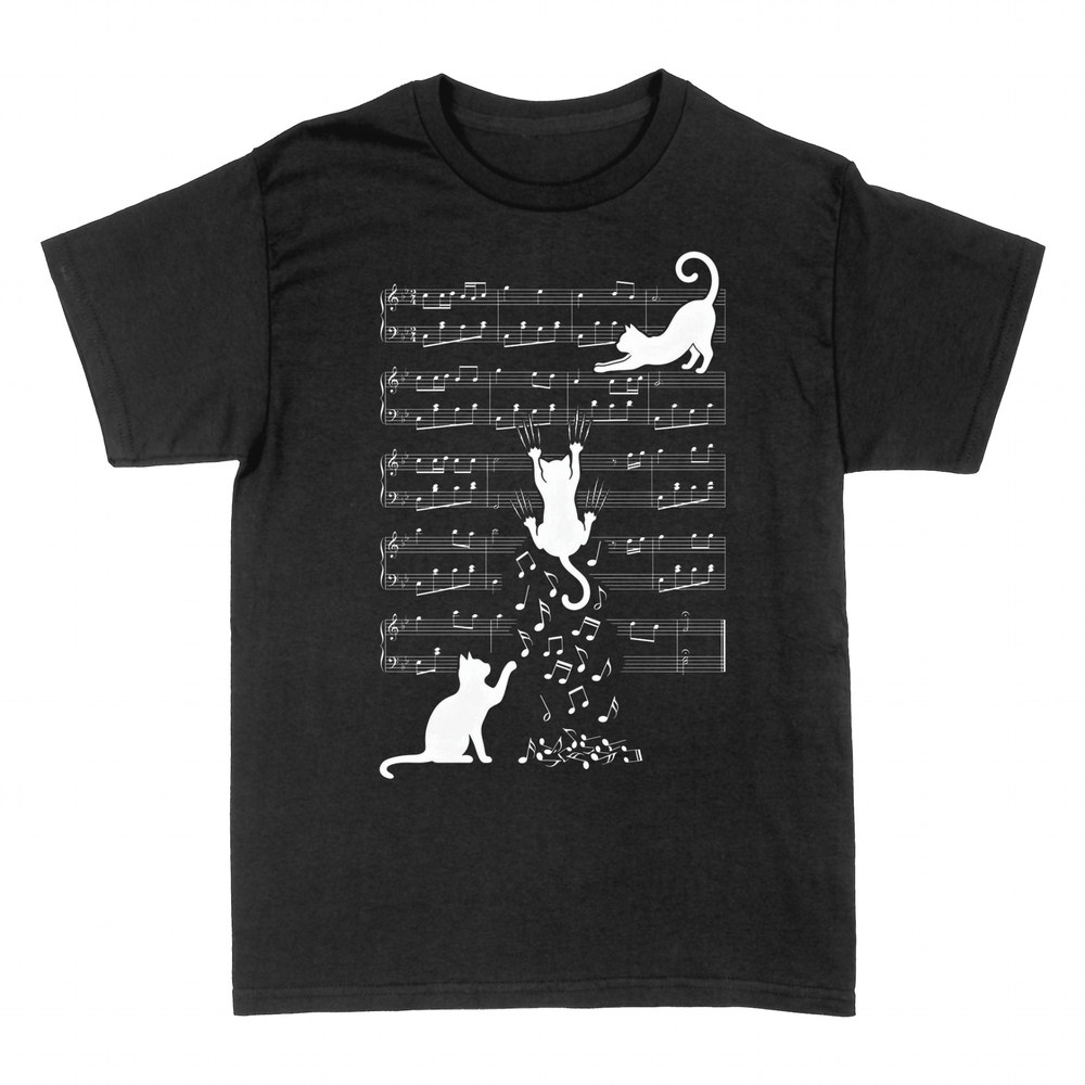 T-shirts: Cats on a music staff knocking notes down