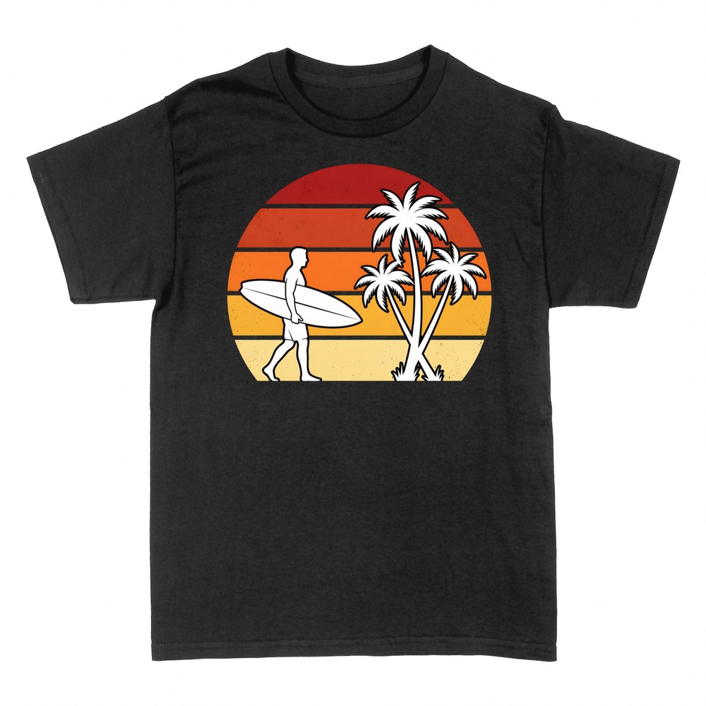 T-shirts: Surfer with board and palm trees at retro sunset