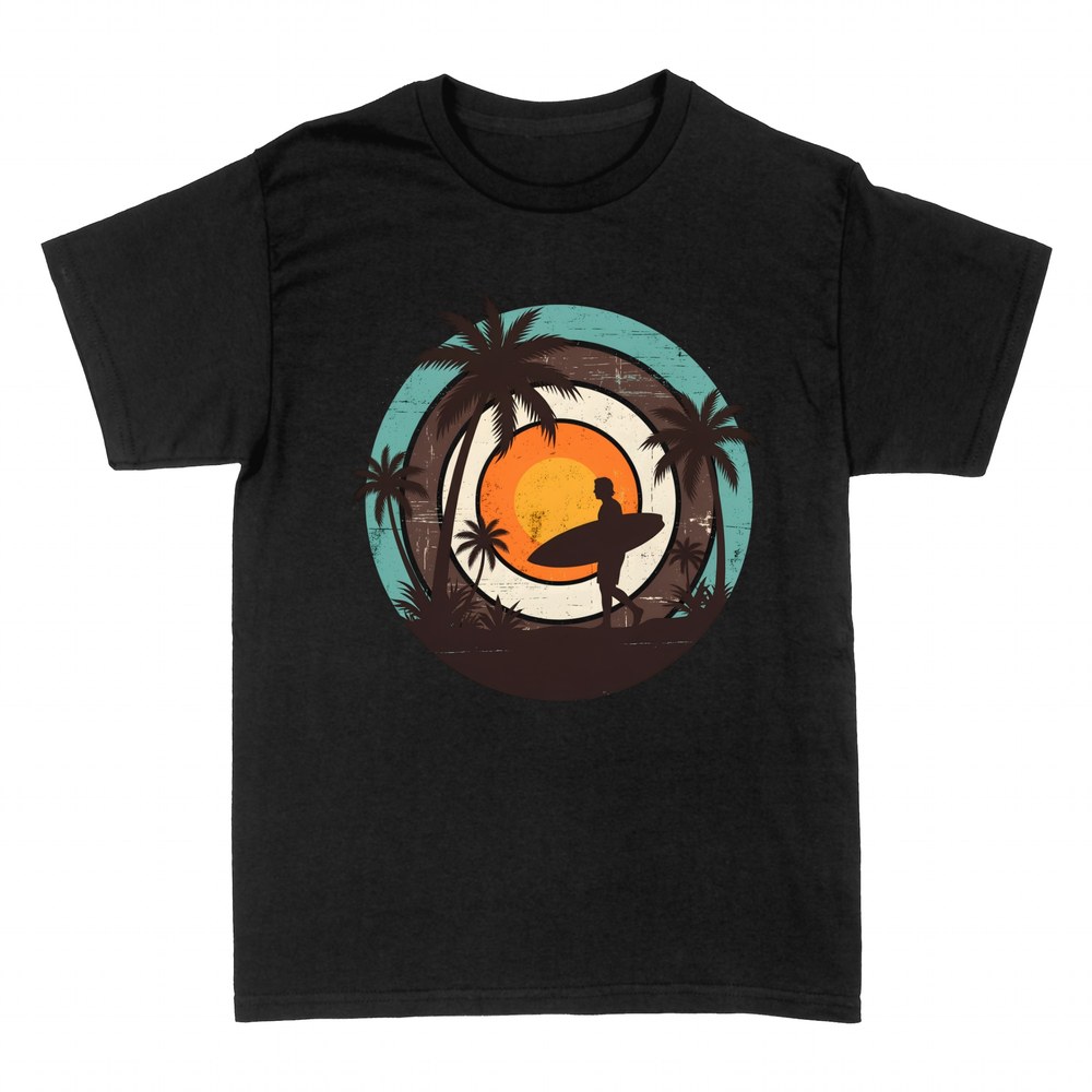 T-shirts: Retro surfer at sunset with palm trees