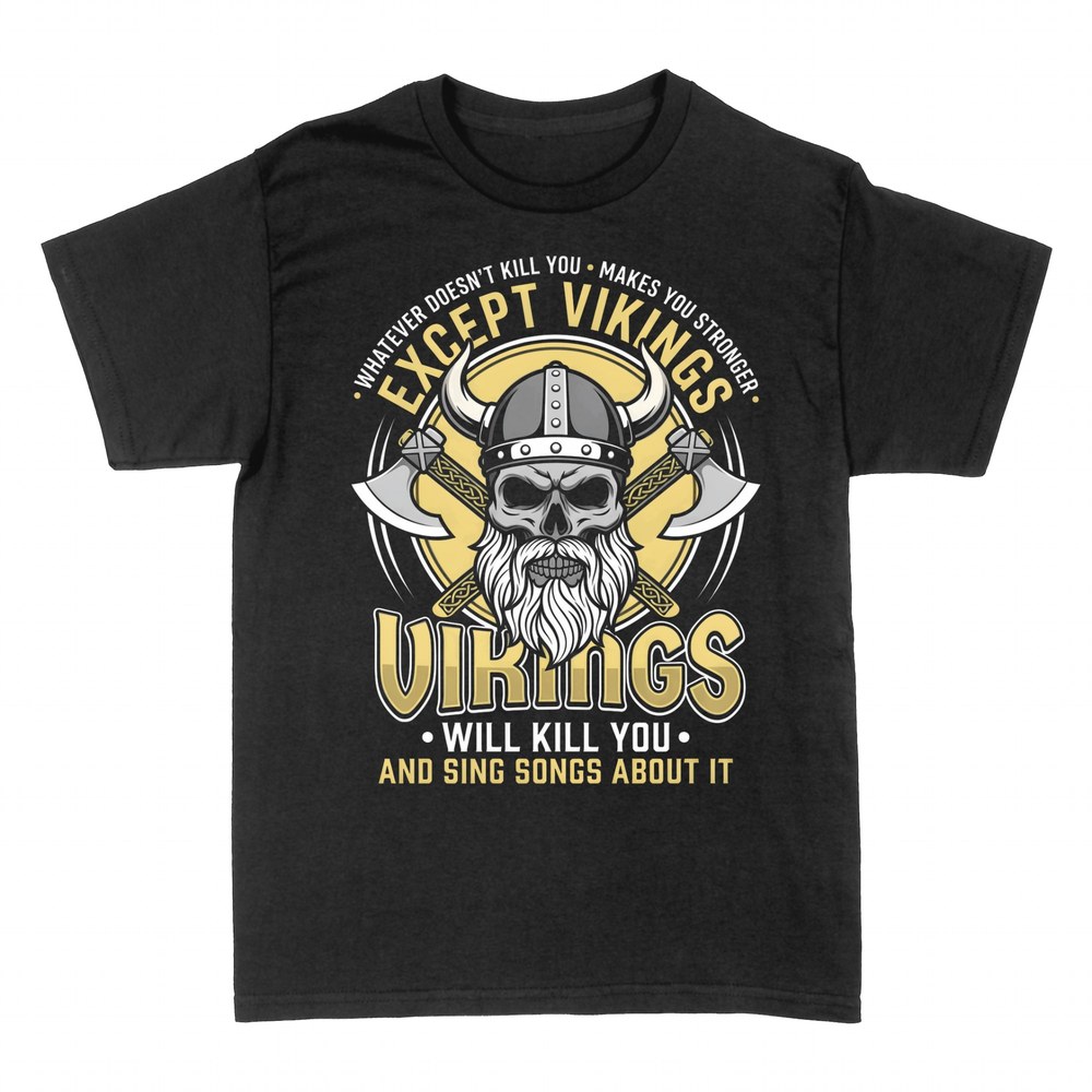 T-shirts: Viking skull with crossed axes and warrior quote