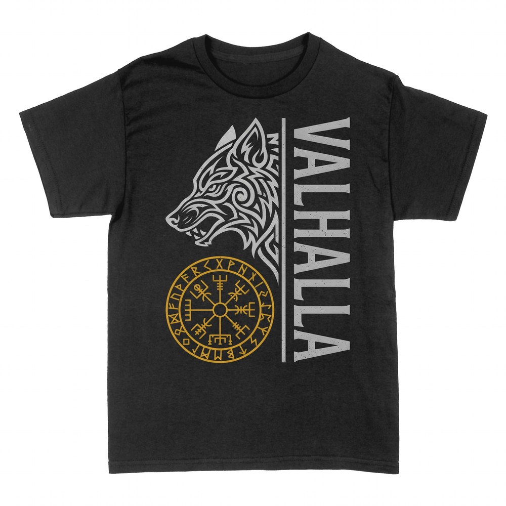 T-shirts: Valhalla with Norse wolf and Viking compass