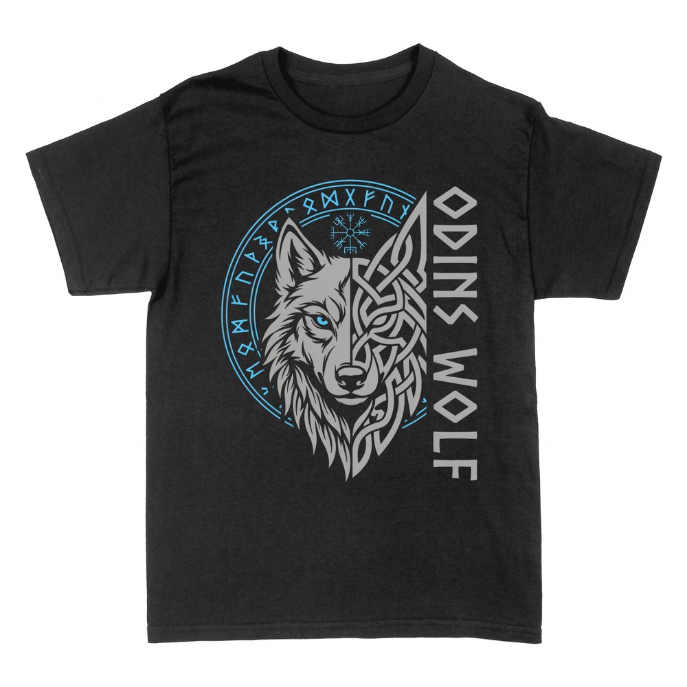 T-shirts: Odin's wolf with Norse runes and Vegvisir