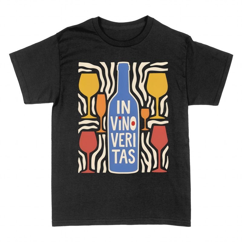 T-shirts: In vino veritas with bottle and glasses