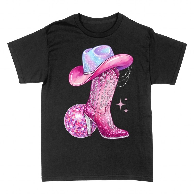 T-shirts: Pink cowgirl boot and disco ball