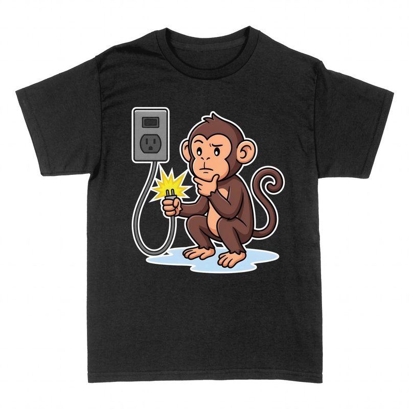 T-shirts: Puzzled electrician monkey with sparking plug