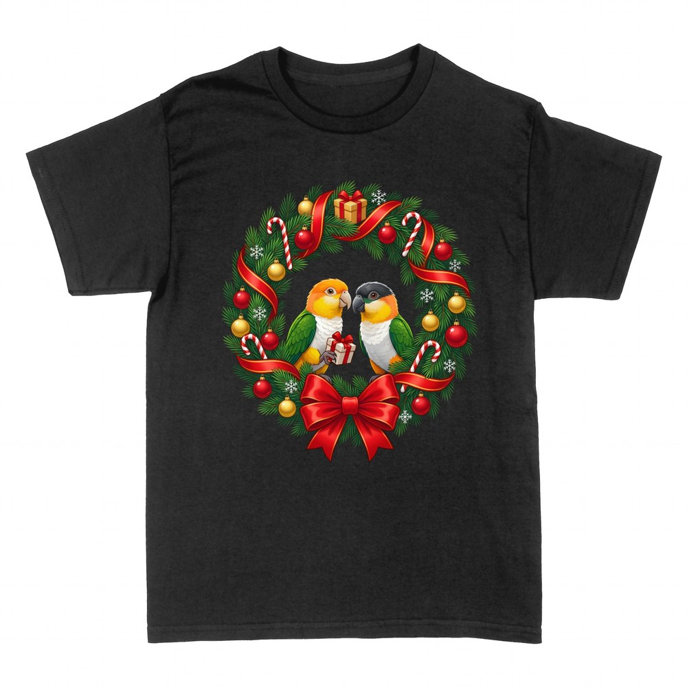 T-shirts: Two caique parrots in Christmas wreath