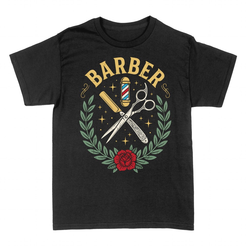 T-shirts: Vintage Barber - Razor, Scissors & Rose