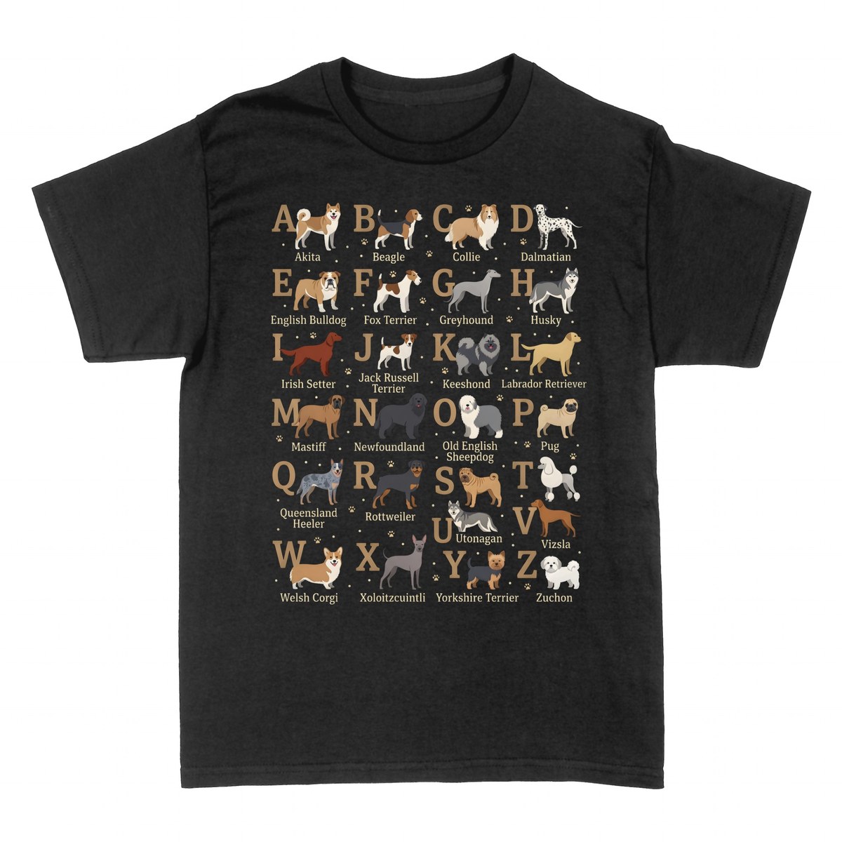 T-shirts: Dog Breeds Alphabet A to Z