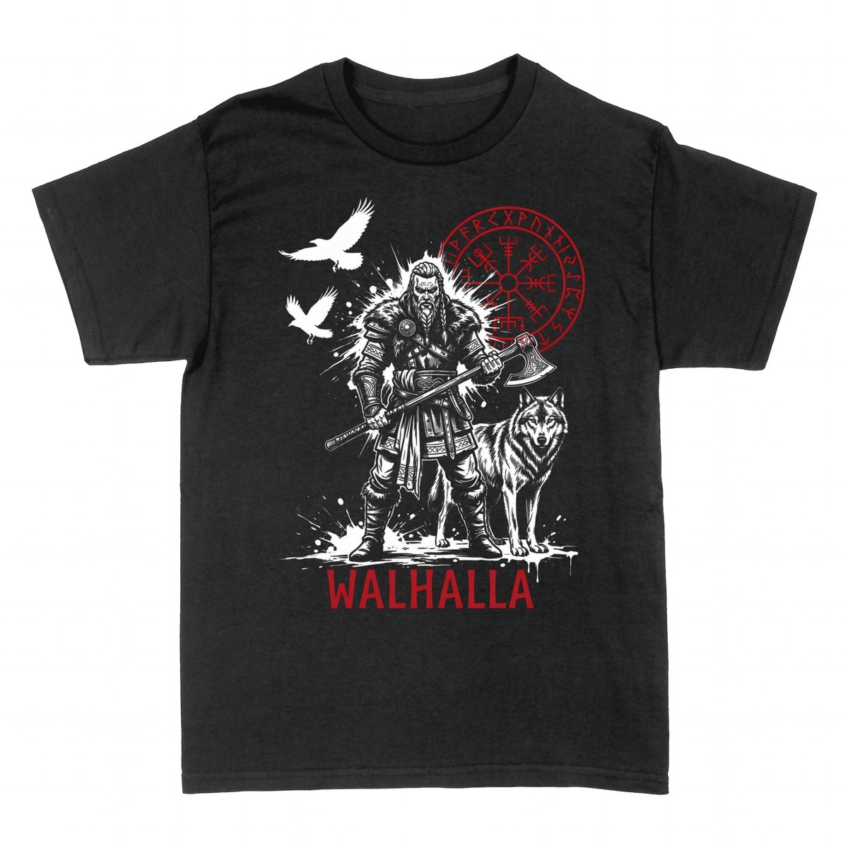 T-shirts: Viking Warrior Walhalla with Vegvisir and Wolf