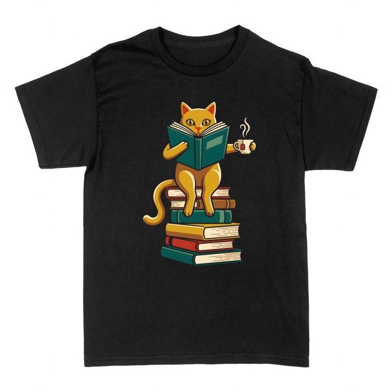 T-shirts: Cat Reading on Stack of Books with Tea