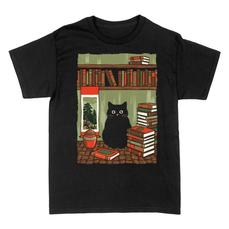 T-shirts: Black Cat in Cozy Library