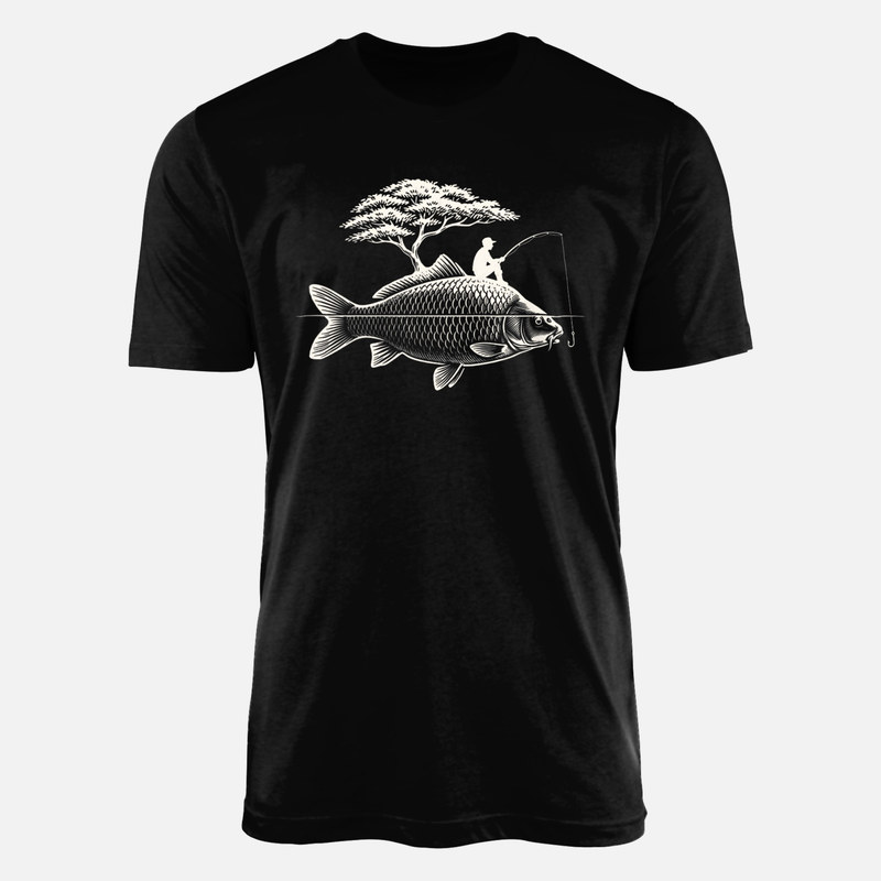 T-shirts: Fisherman Sitting on Giant Carp Woodcut
