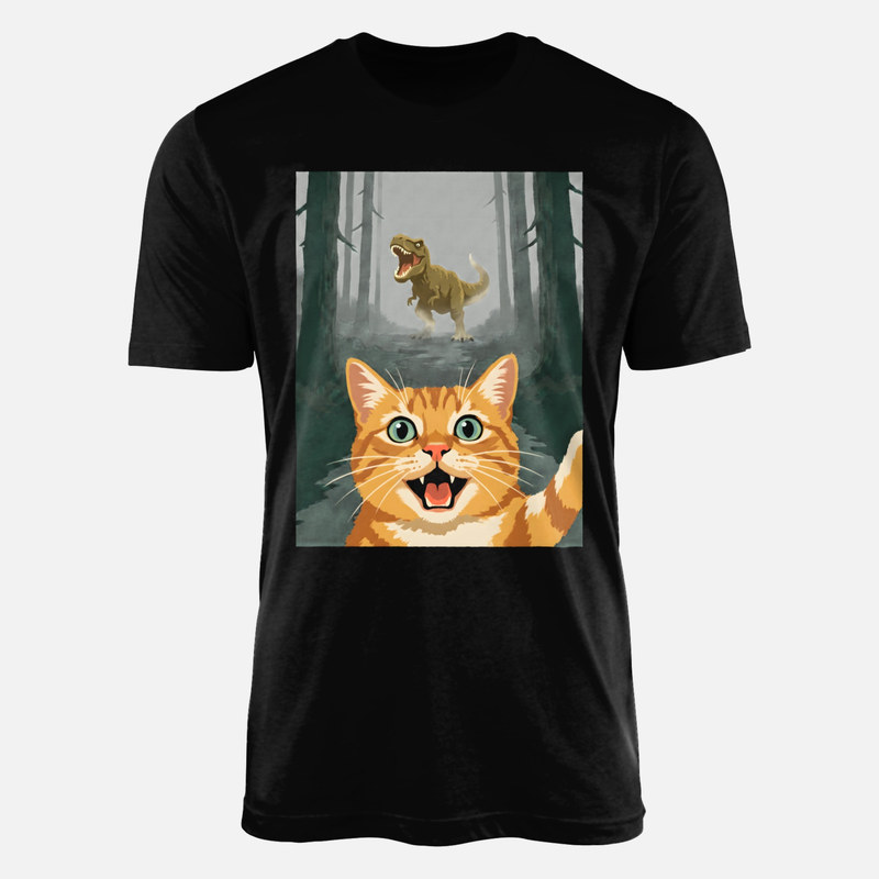 T-shirts: Cat Selfie with T-Rex Chase