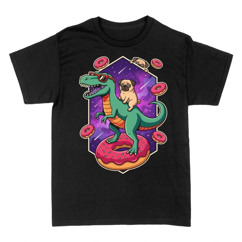 T-shirts: Pug Riding T-Rex on Cosmic Donut