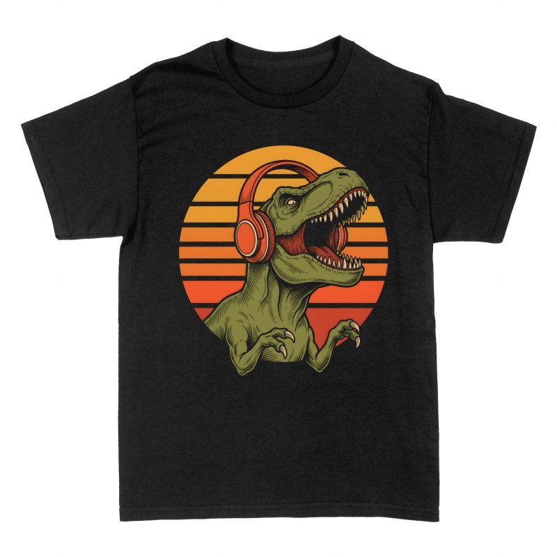 T-shirts: Retro Sunset T-Rex with Headphones