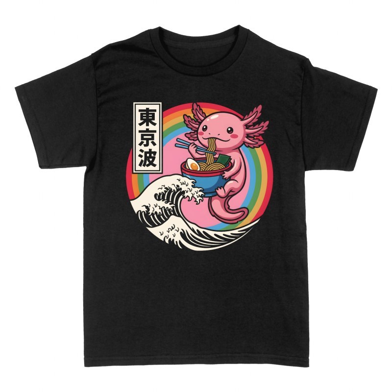 T-shirts: Kawaii Axolotl Eating Ramen with Great Wave