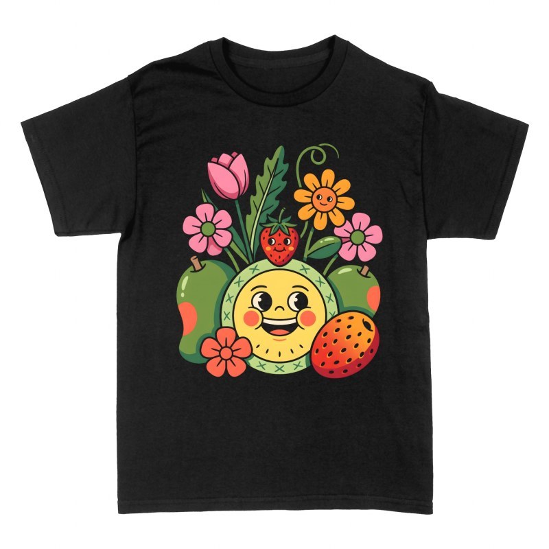 T-shirts: Happy Retro Fruits and Flowers Mascot