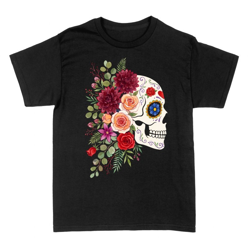 T-shirts: Sugar Skull with Watercolor Flowers