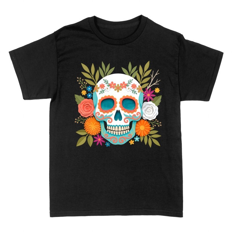 T-shirts: Paper Cut Sugar Skull with Flowers