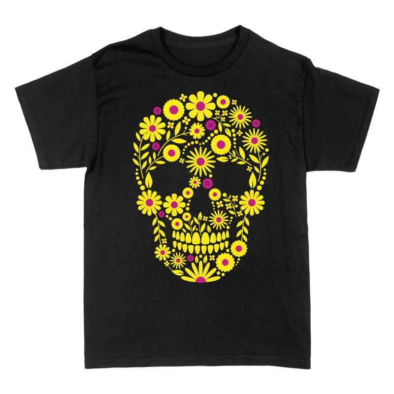 T-shirts: Yellow Floral Skull Silhouette
