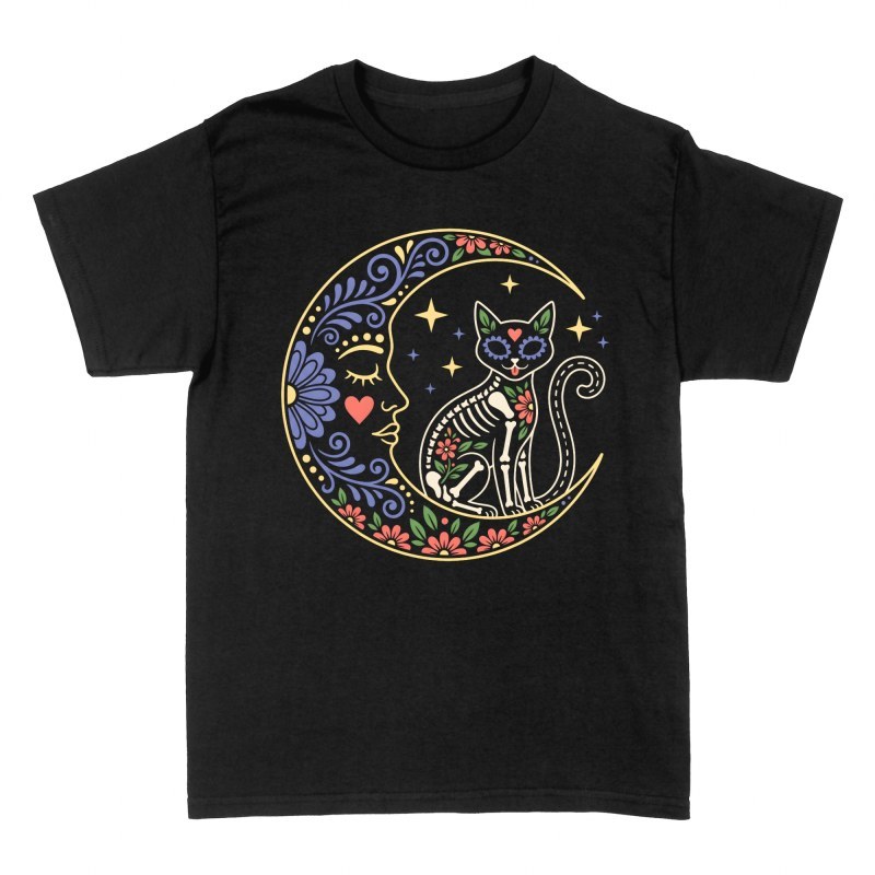 T-shirts: Sugar Skull Cat on Crescent Moon