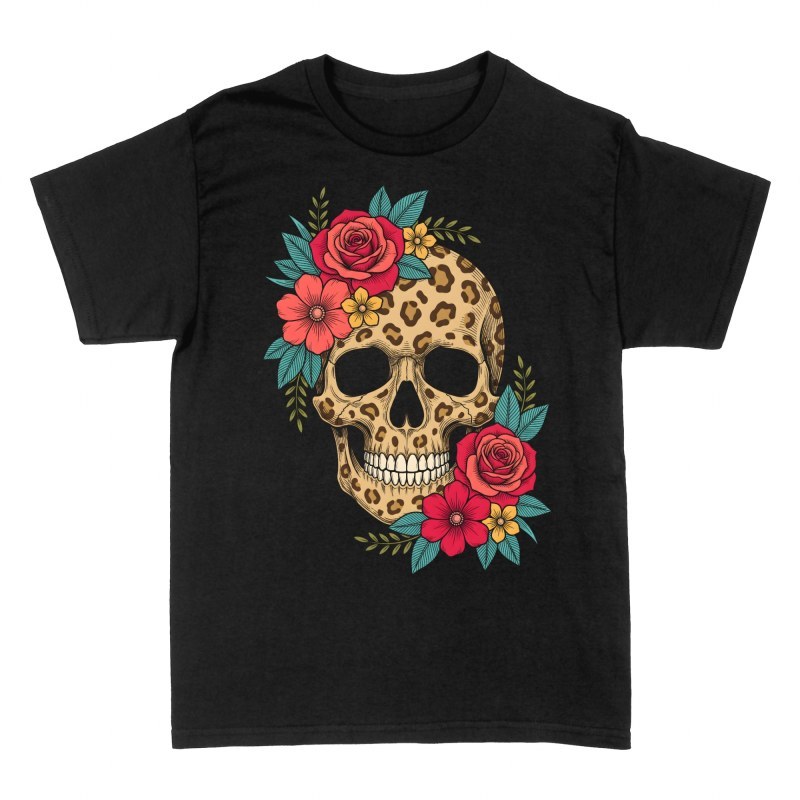 T-shirts: Leopard Print Skull with Red Roses