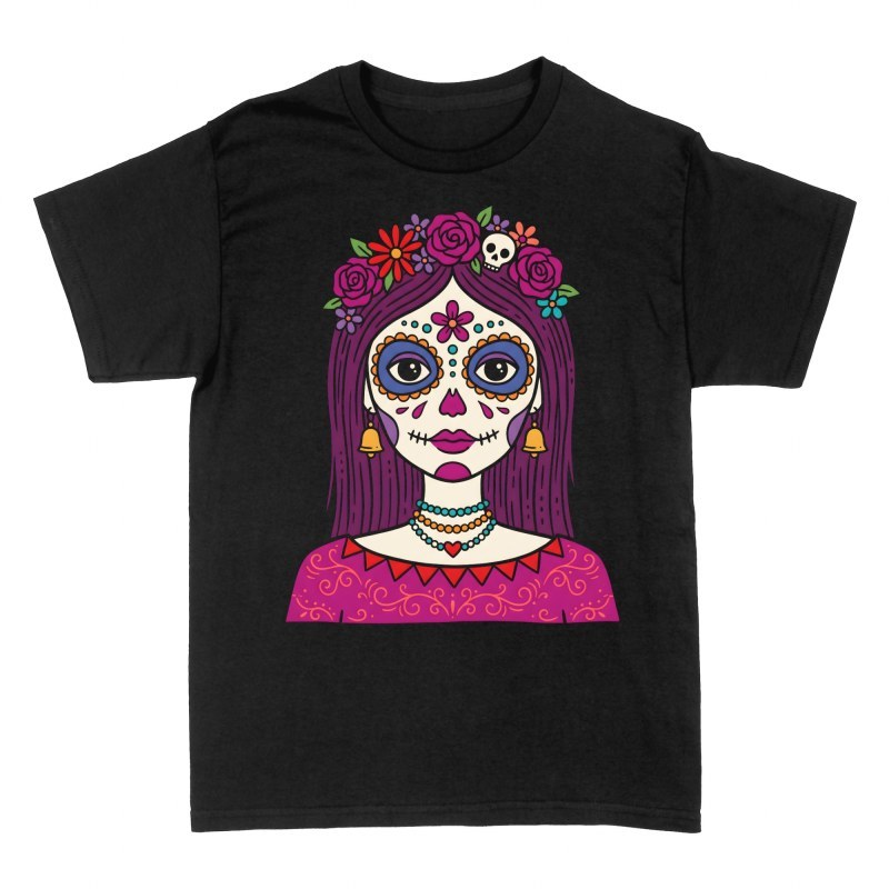T-shirts: Mexican Sugar Skull Catrina with Floral Crown