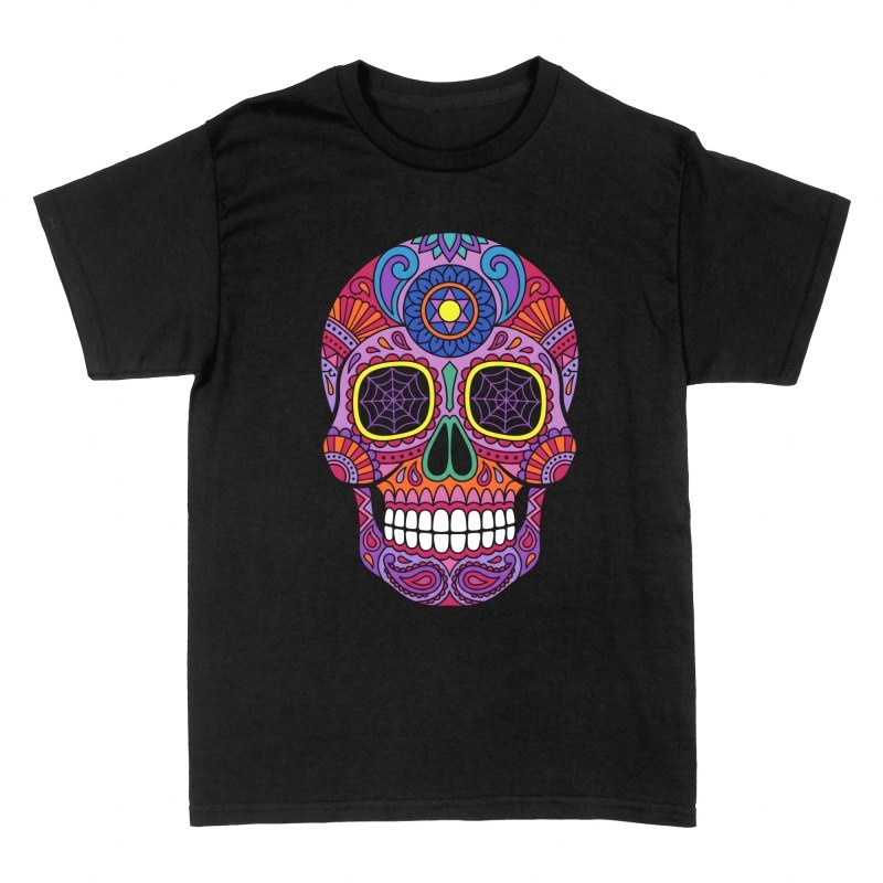 T-shirts: Colorful Mexican Sugar Skull with Spiderwebs